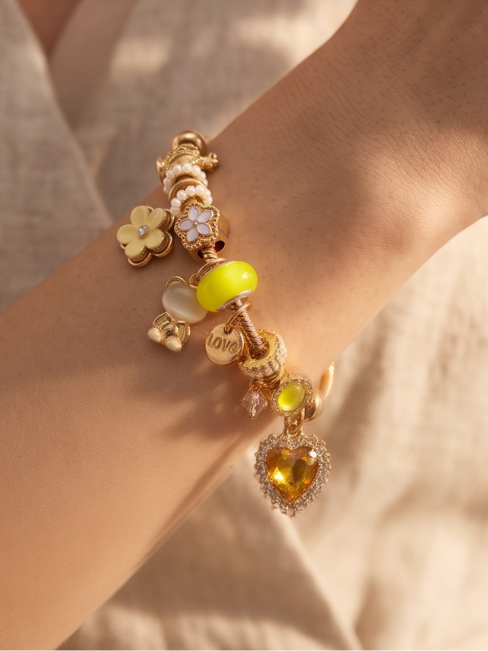 Gold & Yellow Charm Bracelet with Sweet Teddy Bear Charm